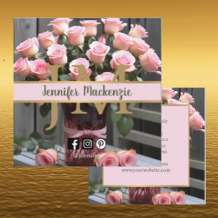 Cartão De Visita Quadrado Rosas Vintage Dourado Bonito Rosa