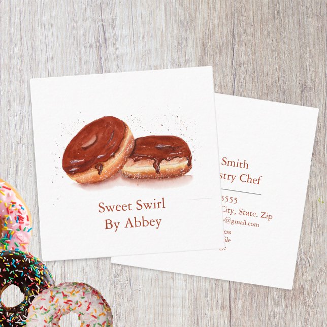 Cartão De Visita Quadrado Rosquinhas de chocolate com água (Watercolor Chocolate Glazed Donuts Square Business Card)