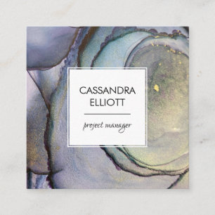 Cartão De Visita Quadrado Roxo Azul e Tinta Álcool Dourada Arte Líquida