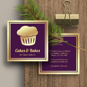 Cartão De Visita Quadrado Roxo Faux Dourado Folha Caseira Padaria Cupcake