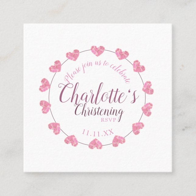 Cartão De Visita Quadrado RSVP mini filha batizante rosa e branca (Frente)