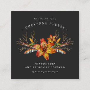 Cartão De Visita Quadrado Rustic Autumn Floral   Logotipo de Aquarela