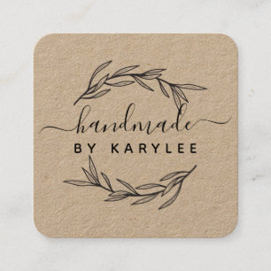 Cartão De Visita Quadrado Rustic Laurel Leaf Handmade Script