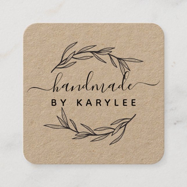 Cartão De Visita Quadrado Rustic Laurel Leaf Handmade Script (Frente)