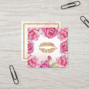 Cartão De Visita Quadrado Salão de beleza Dourado dos lábios do quadro da