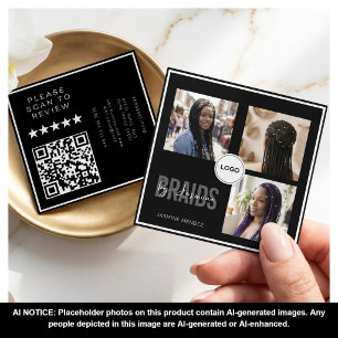 Cartão De Visita Quadrado Salão de Tranças Black Square 3-Foto Colagem QR