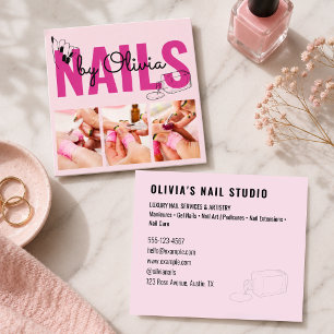 Cartão De Visita Quadrado Salão de Unhas Arte Foto Preto Rosa Moderno 3
