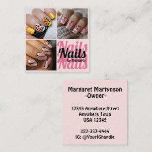 Cartão De Visita Quadrado Salão de Unhas Moderno Rosa Bege Preto Ousado 3 Fo