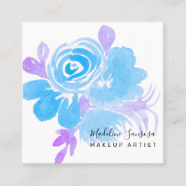 Cartão De Visita Quadrado Salão Floral Botânico Aquarela Azul Roxo