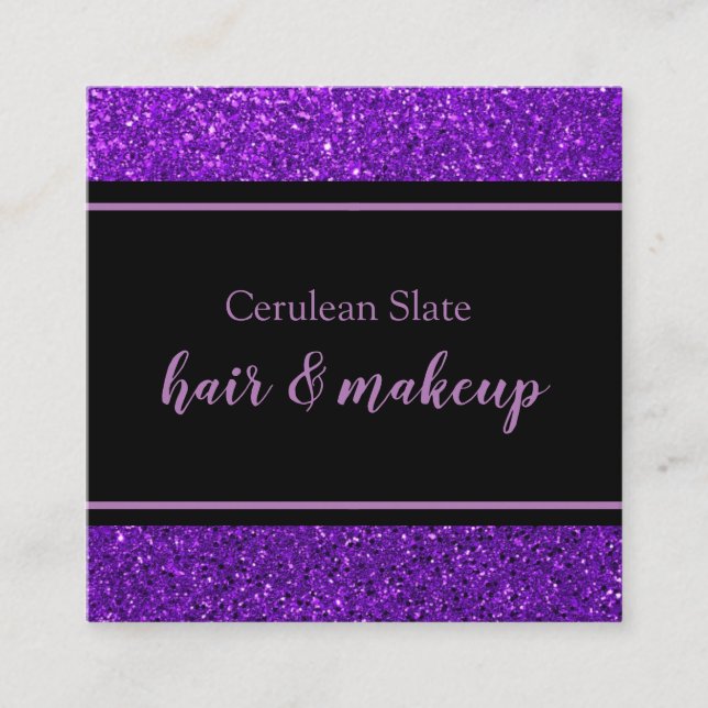 Cartão De Visita Quadrado Salão Glitter Negro e Roxo (Frente)