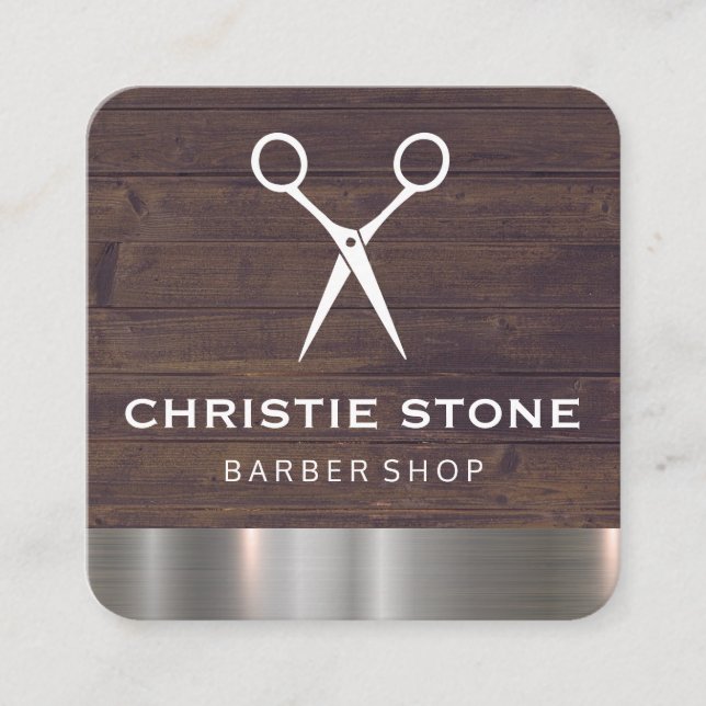 Cartão De Visita Quadrado Salon Shears Rustic Wood Metal Trim (Frente)