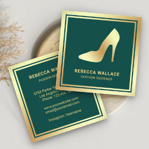 Cartão De Visita Quadrado Saltos Altos Stilettos Folheados Verde e Dourado
