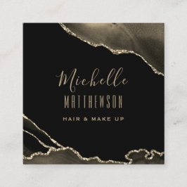 Cartão De Visita Quadrado Script de mármore preto de agata Dourada elegante