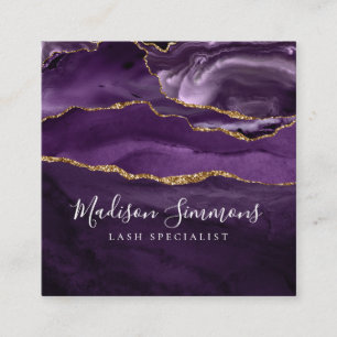 Cartão De Visita Quadrado Script de Monograma de Geodo Dourado Violeta Roxo