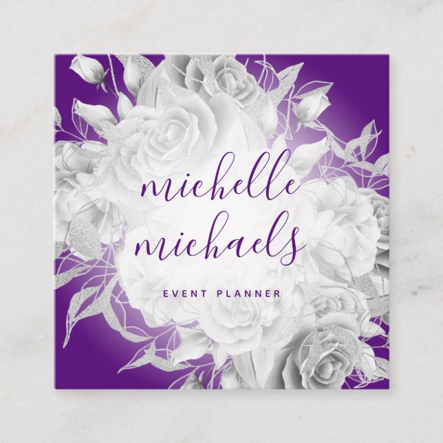 Cartão De Visita Quadrado Script Moderno Floral Simples Roxo e Prata (Frente)