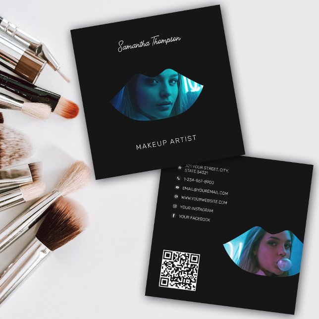 Cartão De Visita Quadrado Script Professional Makeup Artist 2 Fotografias Lá (Script Professional Makeup Artist 2 Photo Lips Square Business Card)