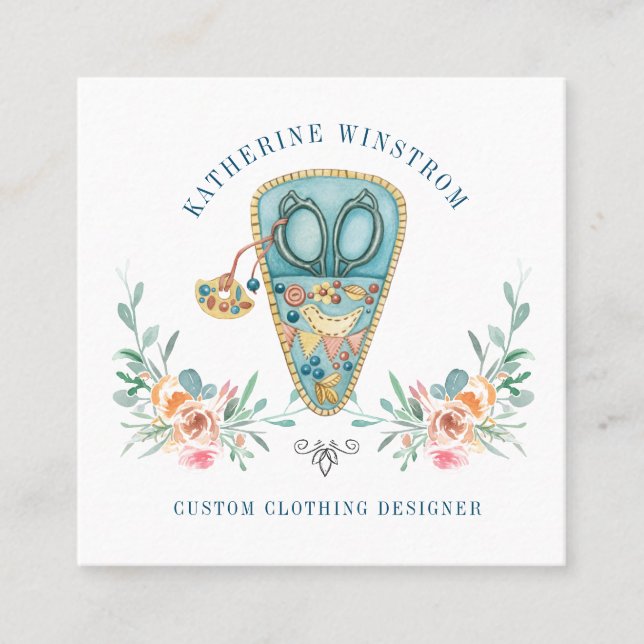 Cartão De Visita Quadrado Seamstress Fashion Designer Sewing Blue Pink (Frente)