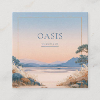 Cartão De Visita Quadrado Serene Peach Blue Landscape Gold Frame Artistic