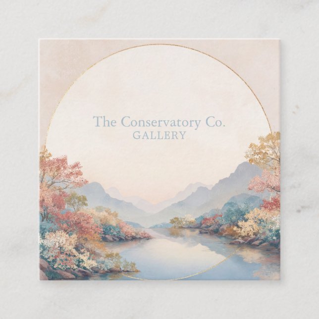 Cartão De Visita Quadrado Serene River Landscape Gold Circle Autumnal Floral (Frente)