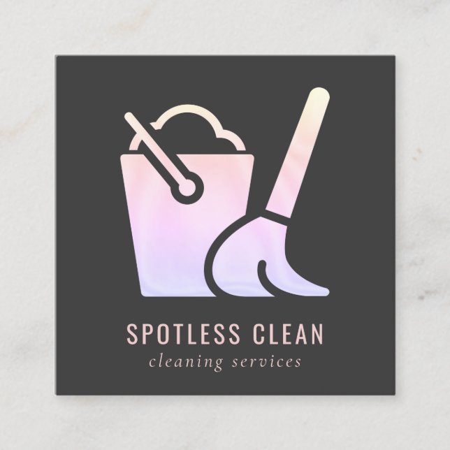 Cartão De Visita Quadrado Serviço de Limpeza de Broom de Balde Holográfico (Frente)