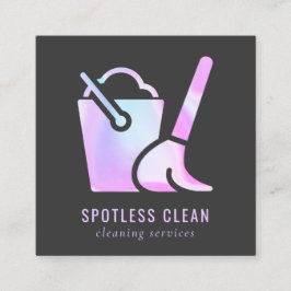Cartão De Visita Quadrado Serviço de Limpeza de Broom de Balde Holográfico