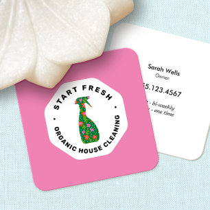 Cartão De Visita Quadrado Serviço de Limpeza de Maid Rosa Frasco de Spray Fl