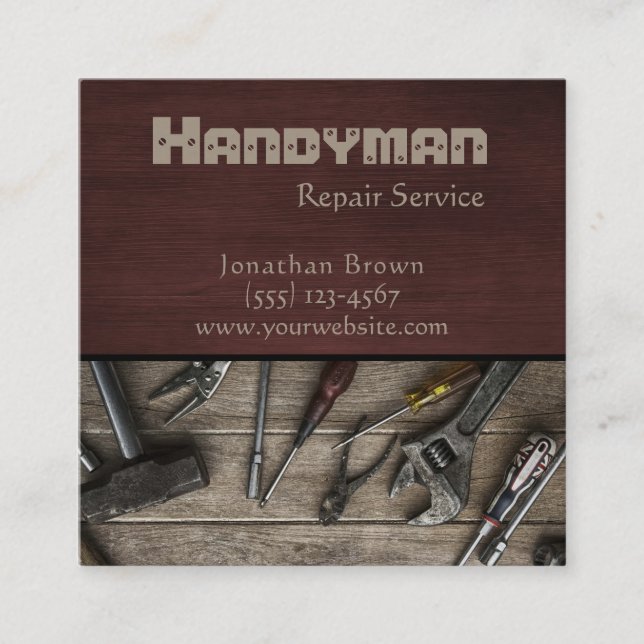 Cartão De Visita Quadrado Serviço Rustic Handyman Tools Maintenance Repair S (Frente)