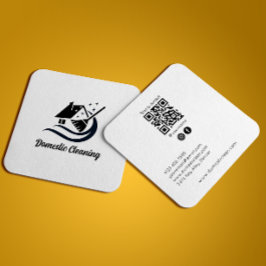 Cartão De Visita Quadrado Serviços de Limpeza Código Qr Ícones Brancos de Mí