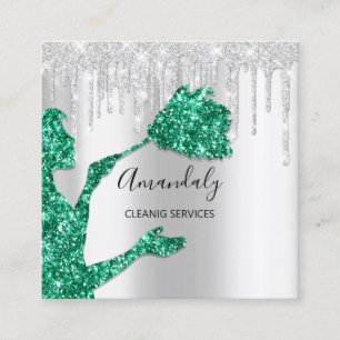 Cartão De Visita Quadrado Serviços De Limpeza De Casa De Maid Logotipo Silv