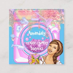 Cartão De Visita Quadrado Serviços de limpeza de lavagem de roupa QRCode Blu