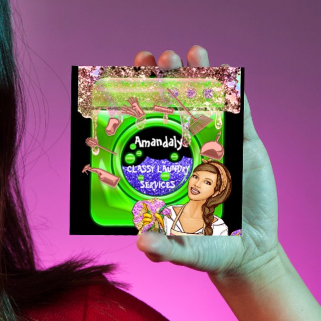 Cartão De Visita Quadrado Serviços de limpeza de lavagem de roupa QRCode Gre (Criador carregado)