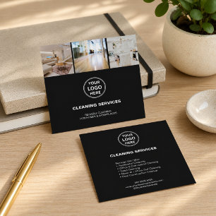 Cartão De Visita Quadrado Serviços Modernos de Limpeza Negros Logotipo Foto