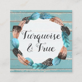 Cartão De Visita Quadrado Seta De Madeira E Penas De Turquesa Russa Boho Chi