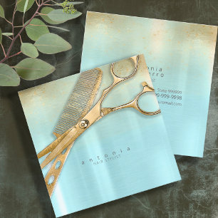 Cartão De Visita Quadrado Sheen and Shears Hair Stylist Dourado/Teal Sq ID81