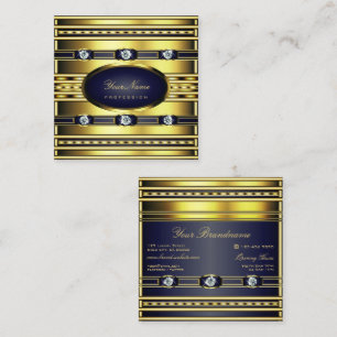 Cartão De Visita Quadrado Shimmer Dourado de luxo com azul escuro e pedras p