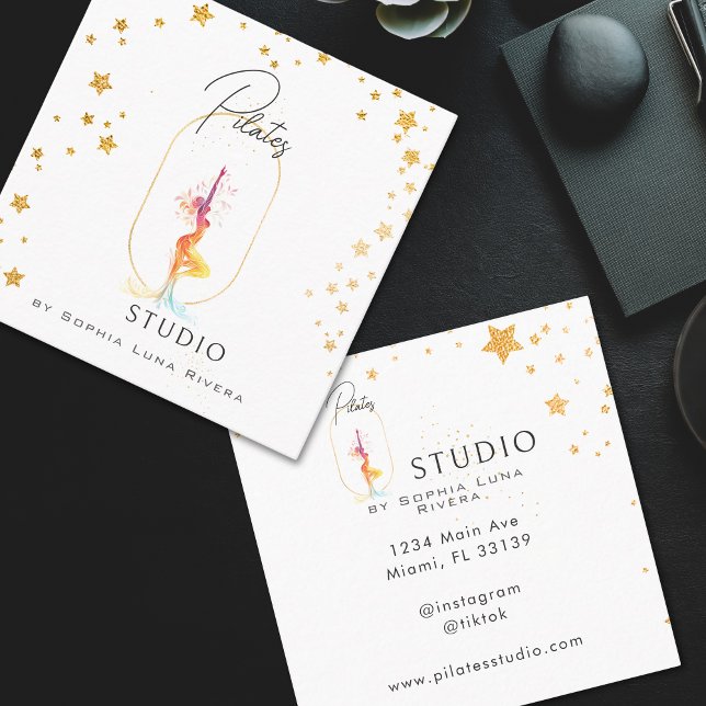 Cartão De Visita Quadrado Silhouette Yoga Spa Studio Beauty Gold Stars (Gold Beauty Silhouette Yoga Spa Studio Square Business Card)
