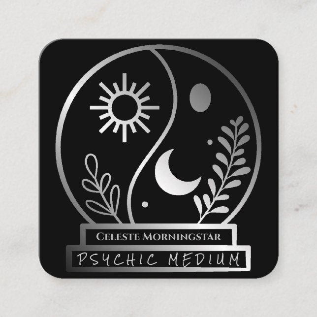 Cartão De Visita Quadrado Silver Crystal Ball Medium Moon Sun (Frente)