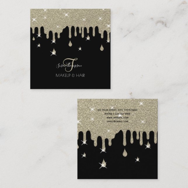 Cartão De Visita Quadrado Silver Glitter Sparkle Makeup Artista Salão de Cab (Frente/Verso)