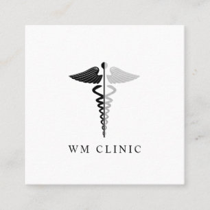 Cartão De Visita Quadrado Símbolo Faux Silver Foil e Black Caduceus