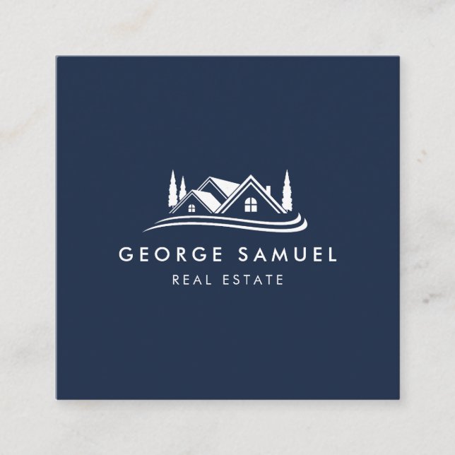 Cartão De Visita Quadrado Simple Home Logo Navy Blue Realtor, Real Estate (Frente)