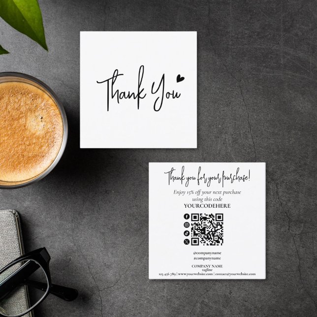 Cartão De Visita Quadrado simple minimal script thank you for your order (minimalist black and white script thank you for your purchase card)