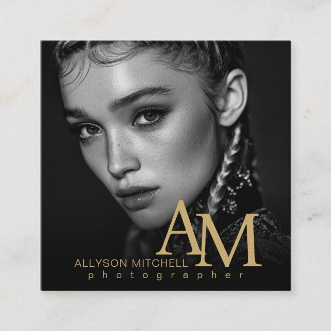 Cartão De Visita Quadrado Simple Modern Black Gold Photo QR Photography (Frente)
