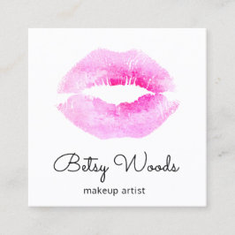 Cartão De Visita Quadrado Simples Pink Watercolor Kiss Makeup Artist Salon