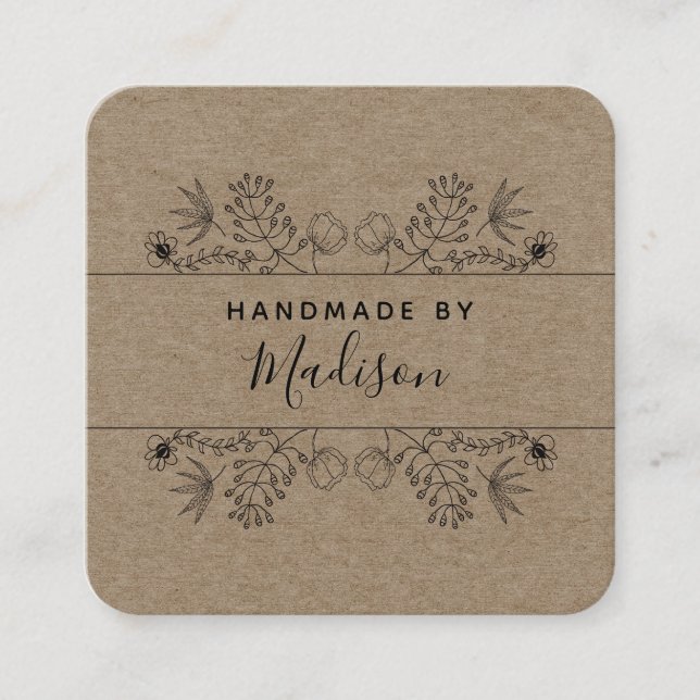 Cartão De Visita Quadrado Simples Rustic Floral Kraft artesanal (Frente)