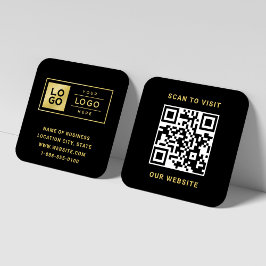 Cartão De Visita Quadrado Site QR de Logo com Folha Dourada Preta Elegante