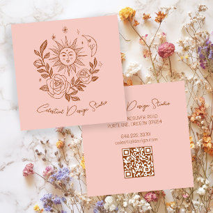 Cartão De Visita Quadrado Sol Lua & Rosas Mágico Boho Terroso QR PERSONALIZA