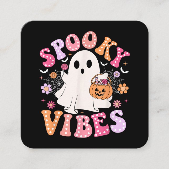 Cartão De Visita Quadrado Spookes Vibes Ghost Retro Groovy Halloween (Frente)
