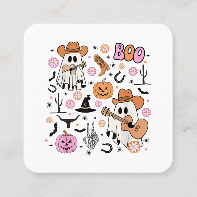Cartão De Visita Quadrado Spooky Ghost Cowboy Cute Halloween Boo Western Ret (Frente)