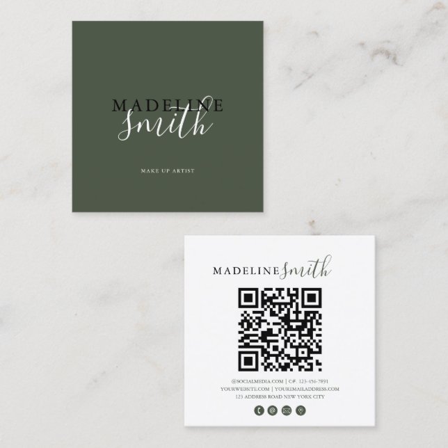 Cartão De Visita Quadrado Square Dark Green Script QR code (Frente/Verso)