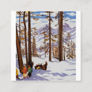 Cartão De Visita Quadrado St. Moritz Esquiadores Vintage Elegância Alpina Ar